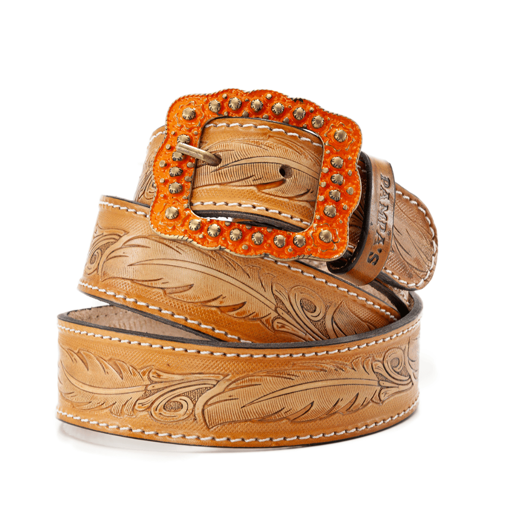 Cinto Country Artesanal Feminino Fivela Quadrada Removivel Estampado Pena