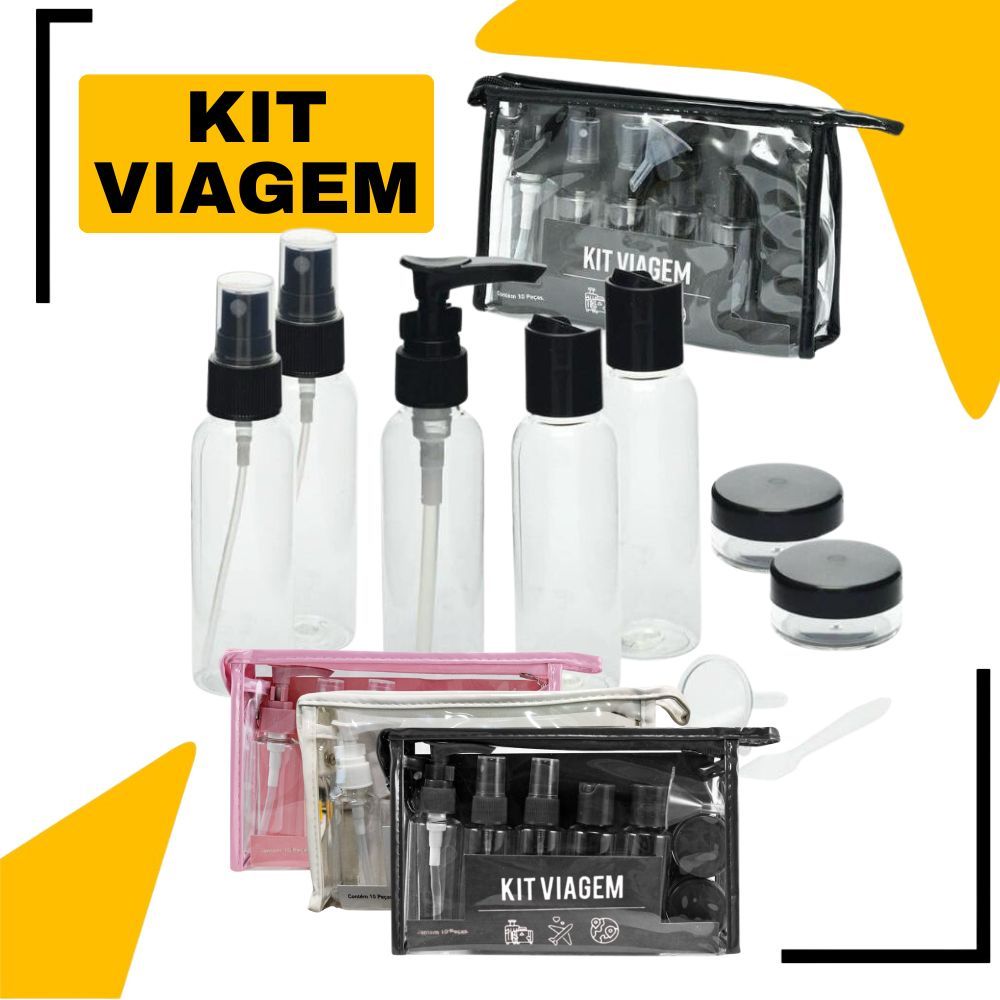 Kit 10 ou 9 Frascos para Viagem Higiene Bolsa Organizadora Transparente Perfume Shampoo Multiuso