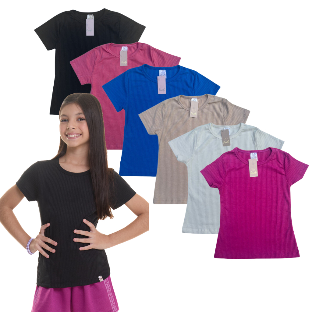 Blusa Manga Curta Canelada Feminino Menina Infantil Juvenil Tamanho 10 ao 16