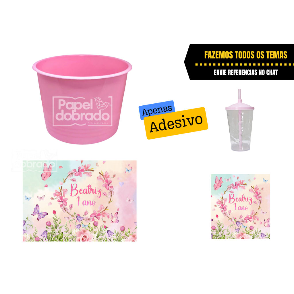 ADESIVO PARA BALDE DE PIPOCA - JARDIM DAS BORBOLETAS - FAZEMOS QUALQUER TEMA - NÃO ACOMPANHA BALDE
