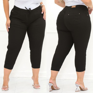 Calça Jogger Feminina Plus Size Capri Sarja Preta Elástico na Cintura  com Cordão para Amarrar e Regular em Oferta na Shopee