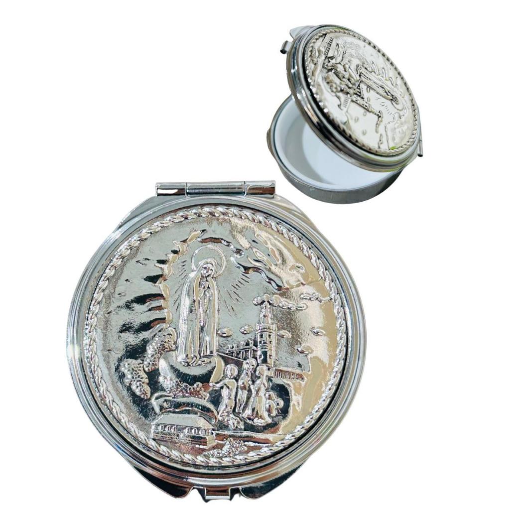 TECA NOSSA SENHORA DE FÁTIMA 6CM / PORTA EUCARISTIA HÓSTIA / MINISTRO DA EUCARISTIA PRATEADA MESC