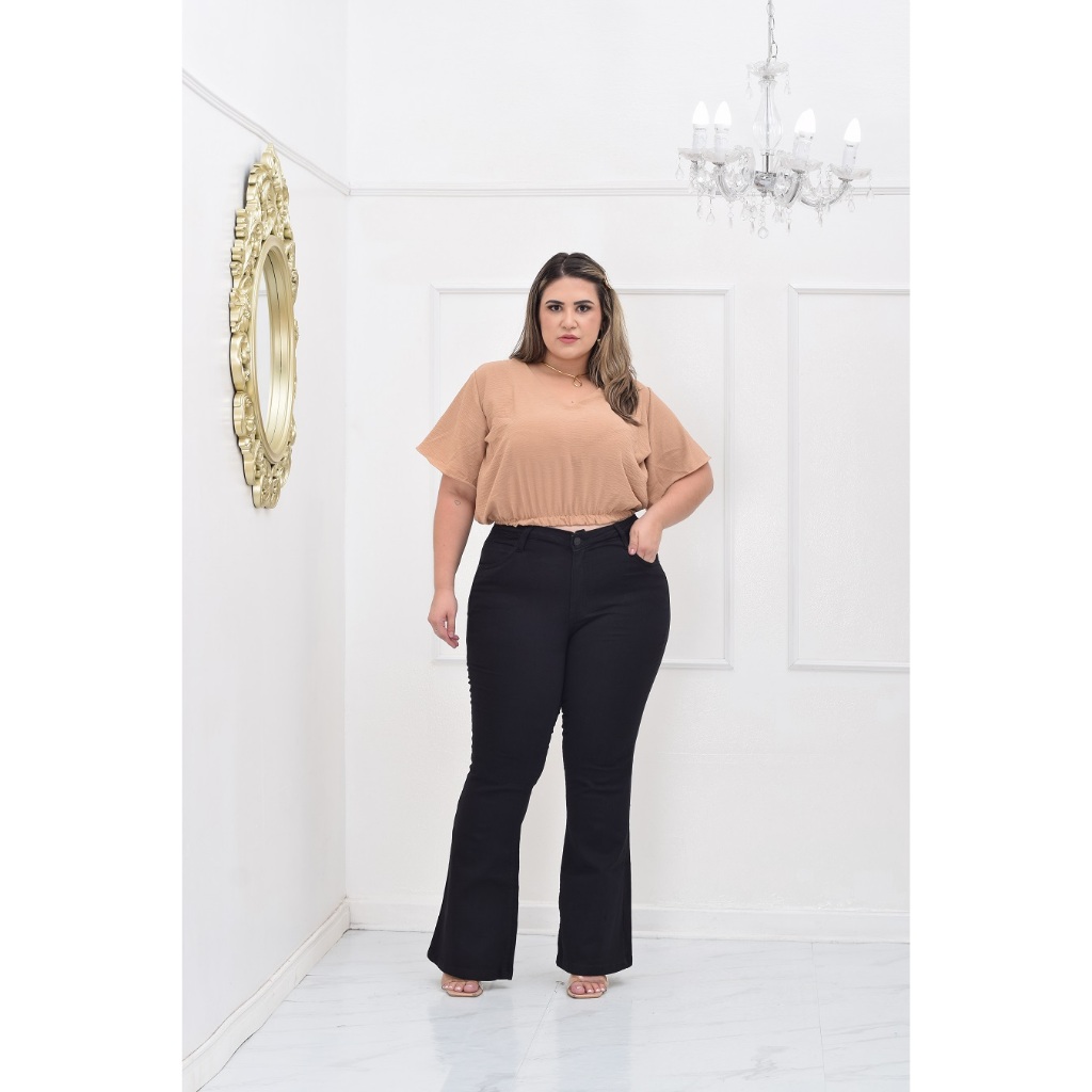 CALÇA JEANS PRETO FLARE FEMININA PLUS SIZE CINTURA ALTA COM ELÁSTANO LYCRA