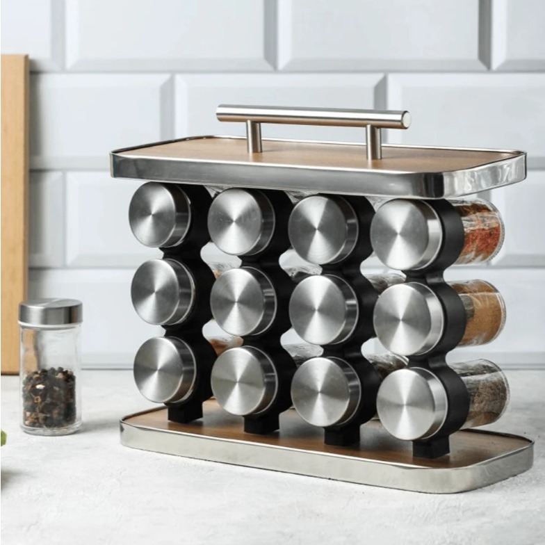 Porta Tempero de Aço Inox com 12 Potes de Vidro + Suporte - Homeland