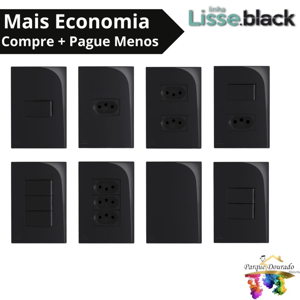 Interruptor, Apagador, Tomada 10A, Tomada 20A, Linha Lissê, Tomada Preta, Linha Lissê Black