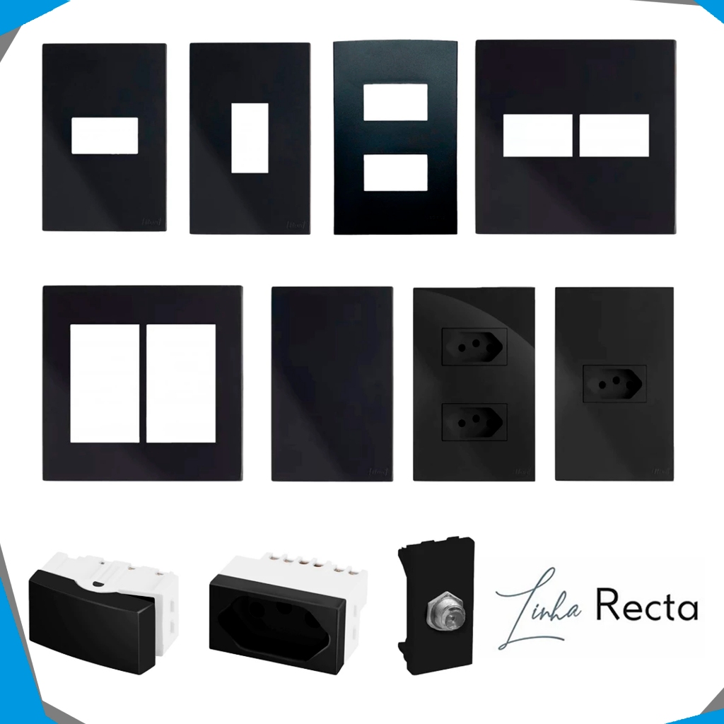 Tomada 10A 20A Interruptor Simples Paralelo Conjunto 4x2 Blux Recta Preto Fosco + Tomada Black Fosco