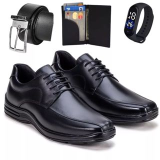 Sapato Masculino Social Ortopédico em Couro Legitimo Solado Confort Costurado Amarrar + Cinto Carteiro Relógio Digital em Oferta na Shopee