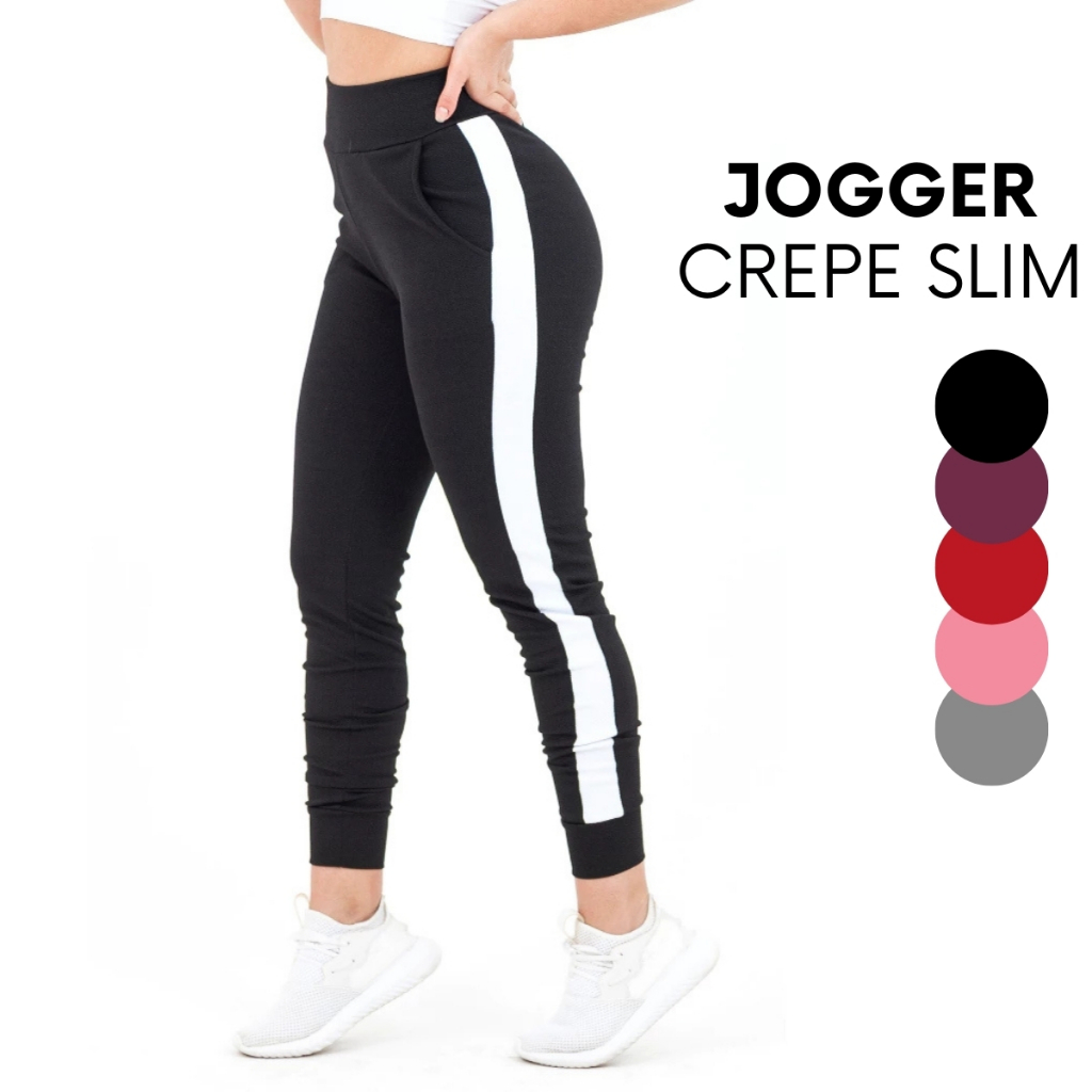 Calça Moletom Feminina Jogger Listrada Varias Cores Crepe Slim Fit em Oferta na Shopee