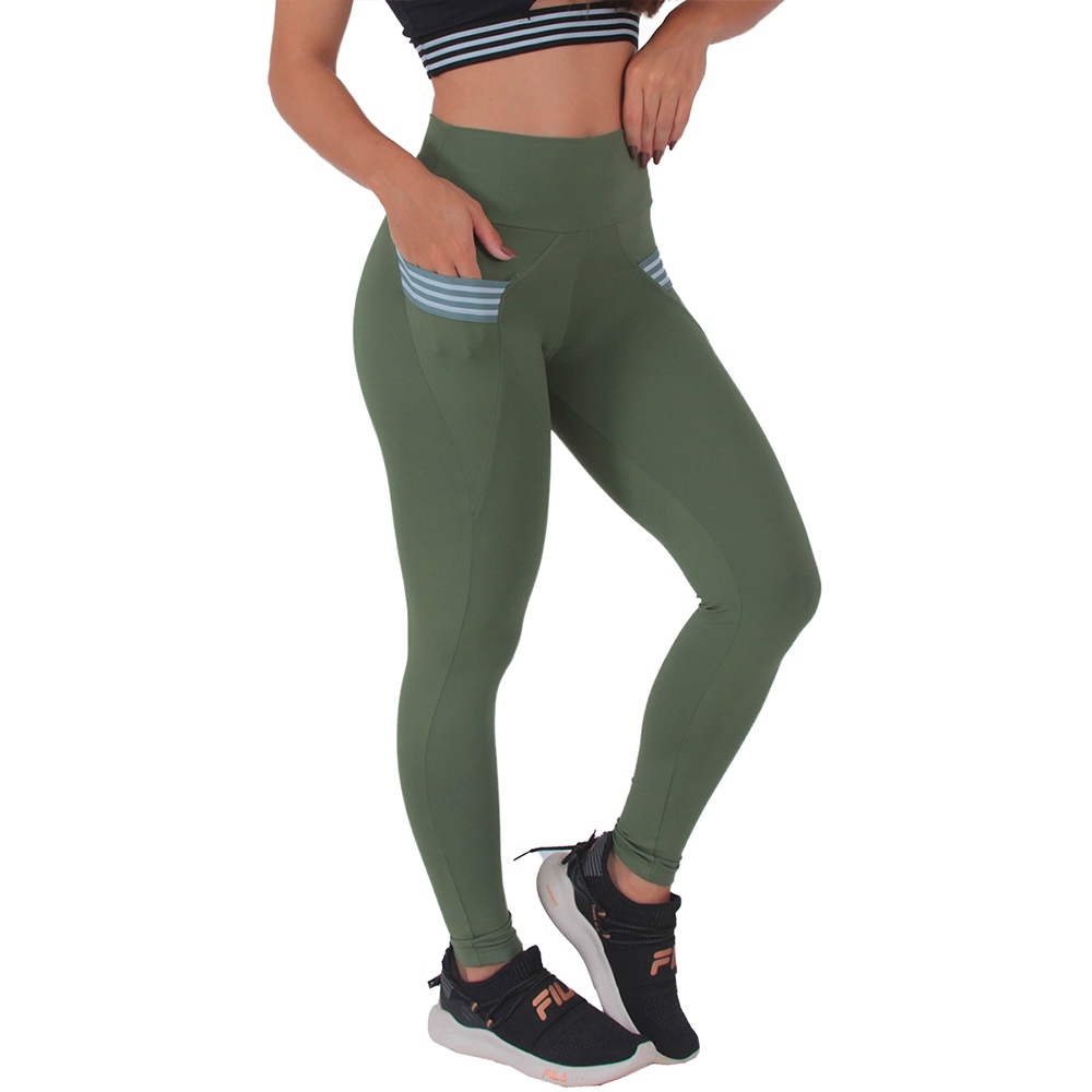 Legging Feminina Poliamida Cintura Alta Bolsos Moda Fitness Calça Feminina