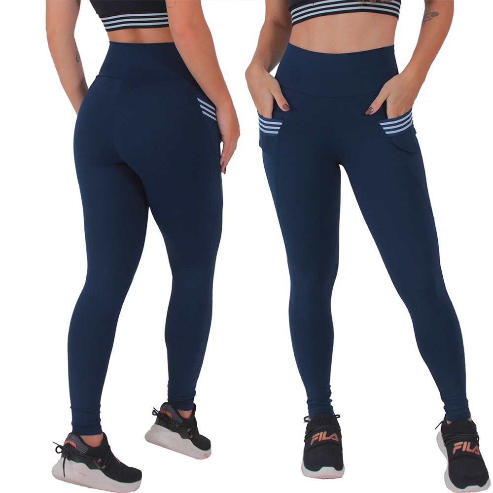 Legging Feminina Poliamida Cintura Alta Bolsos Moda Fitness Calça Feminina em Oferta na Shopee