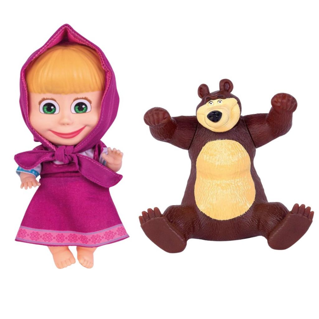 Kit Boneca Masha e Boneco Urso em Vinil Macio 18 cm Brinquedo Suporte Originais Cotiplas