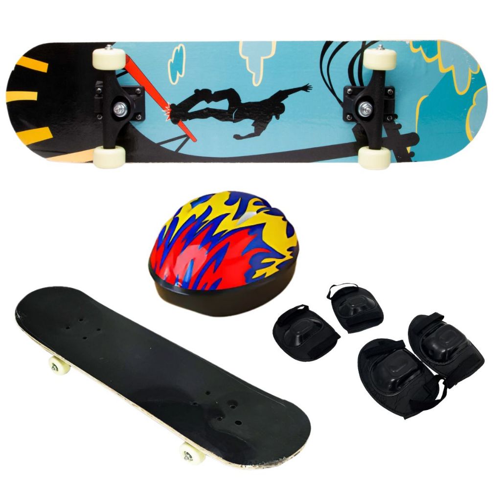Skate com Acessórios Skate com Capacete Proteção Joelheira Bolsa para Transporte Skate Infantil 40kg em Oferta na Shopee