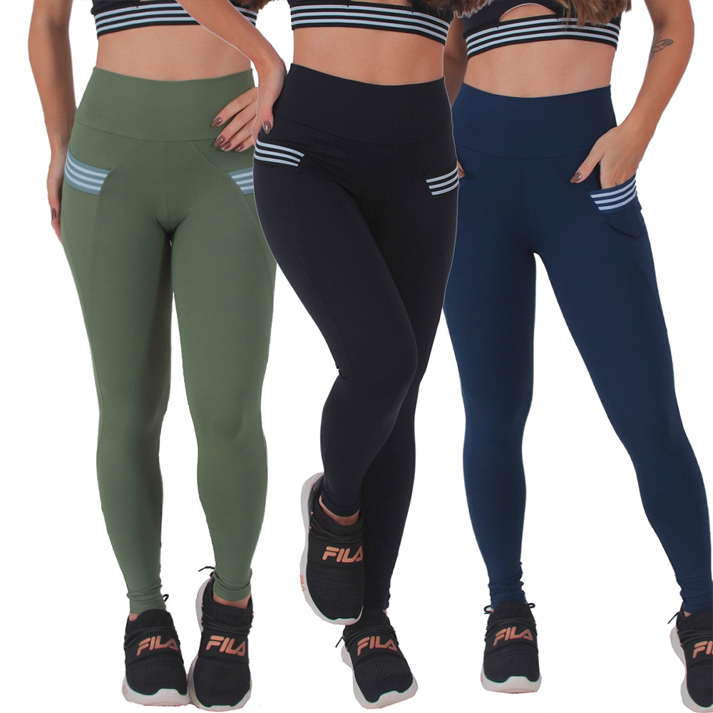 KIT 3 Leggings Feminina Poliamida Cintura Alta Bolsos Moda Fitness Calça Feminina