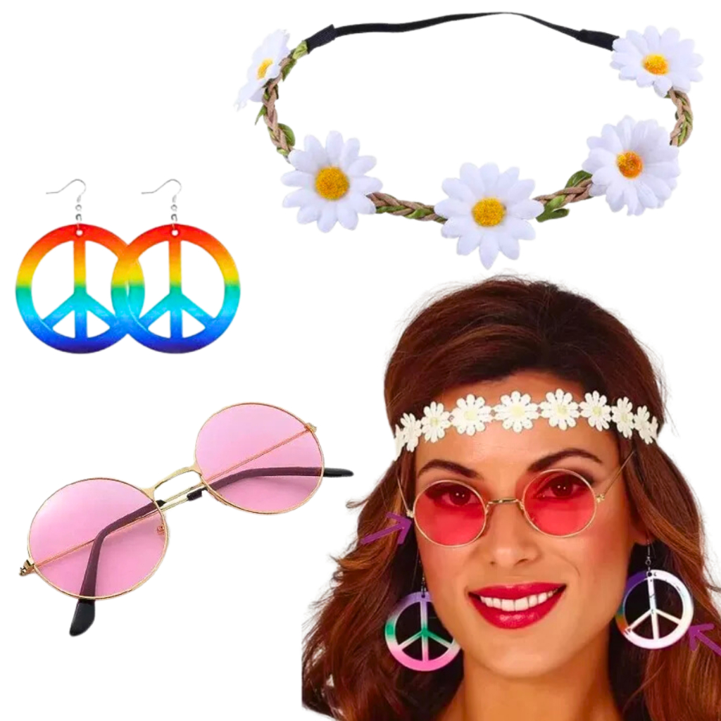 Kit Fantasia Hippie Anos 70/80 Óculos Brinco Carnaval Festa Cosplay