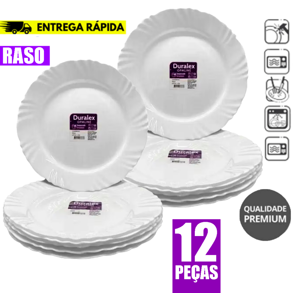 Jogo Kit 12 Pratos Rasos Branco Vidro Jantar Pétala Duralex Opaline Circular Redondo Resistente