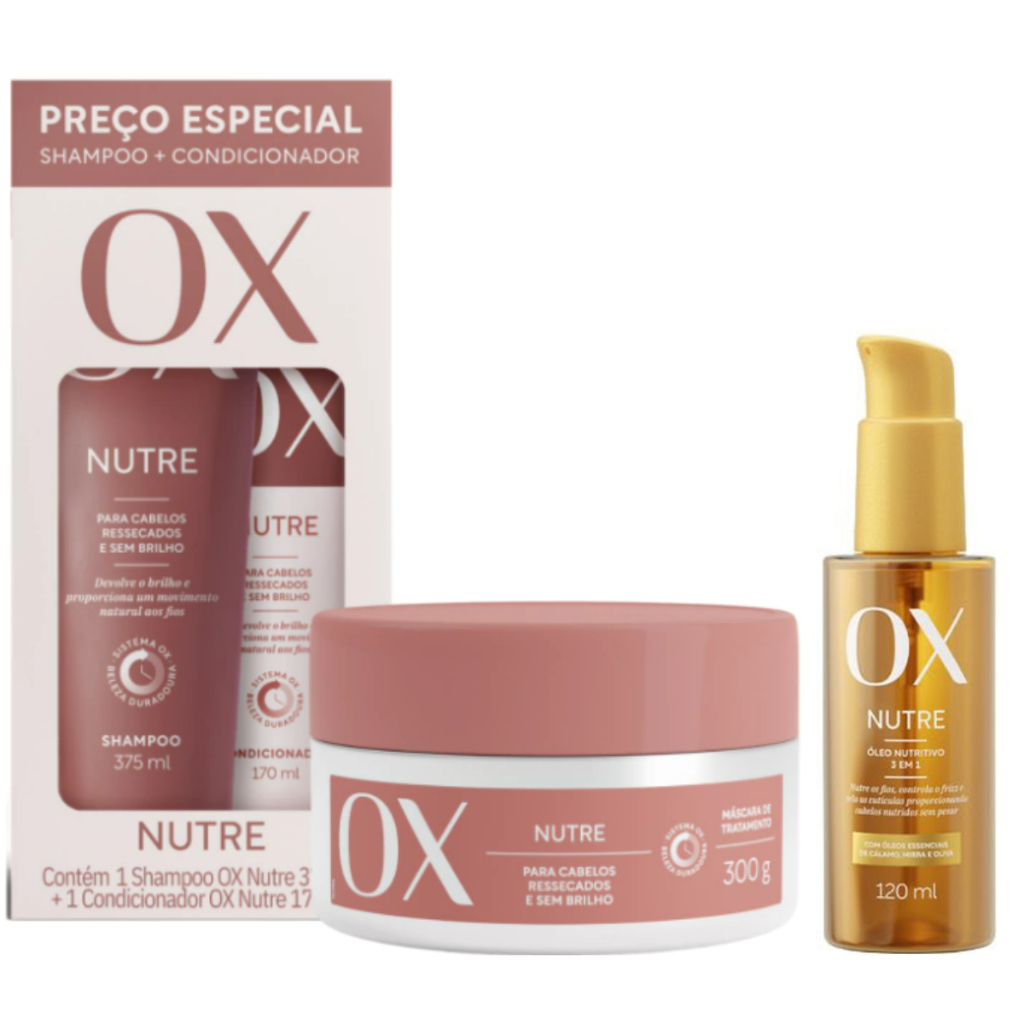 Kit Ox Nutre Shampoo 375ml + Condicionador 170ml + Máscara 300g + Óleo para Cabelo