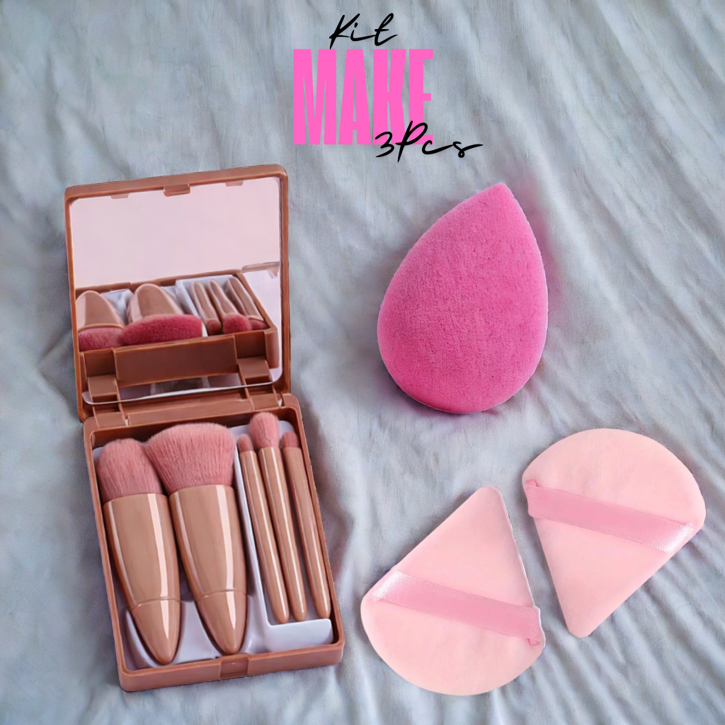 Kit Estojo com Espelho mais Três Esponjas kit de Maquiagem, base, Pó, Blush, Contorno 4 Pinceis