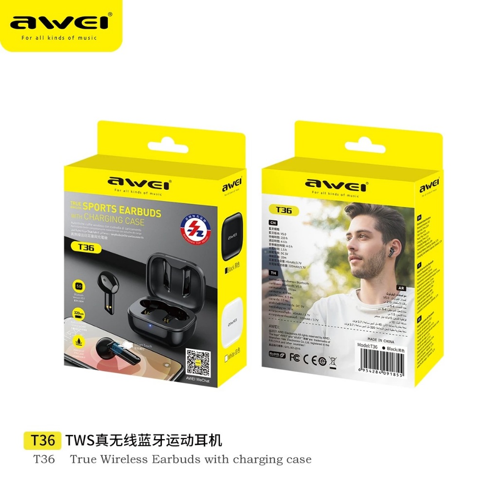 Fone De Ouvido Bluetooth 5.4 Estéreo Esportivos TWS Awei T36