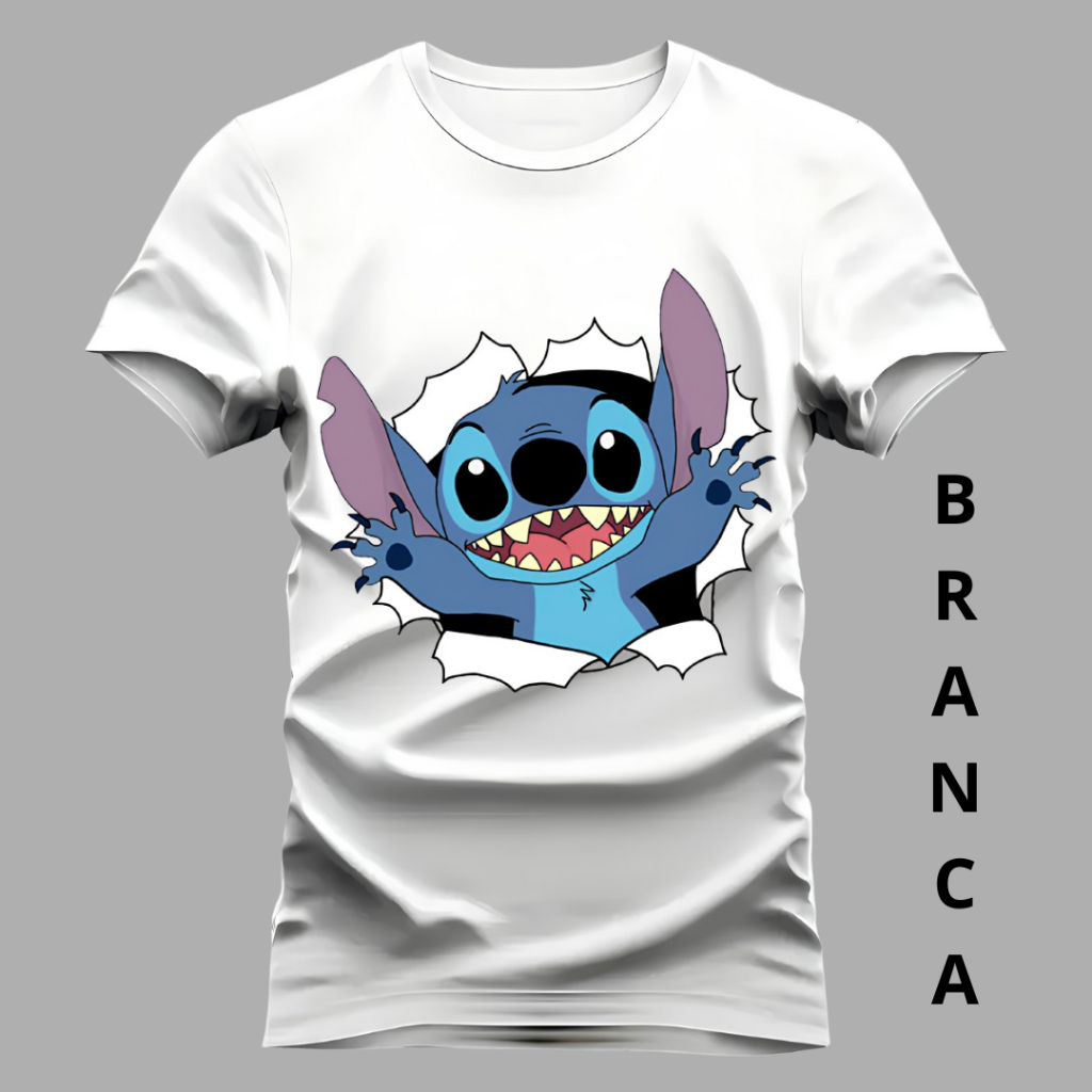 Camiseta 100% Poliéster Estampada Blusa Com Elastano Confortável Envio Imediato Estampa Stitch