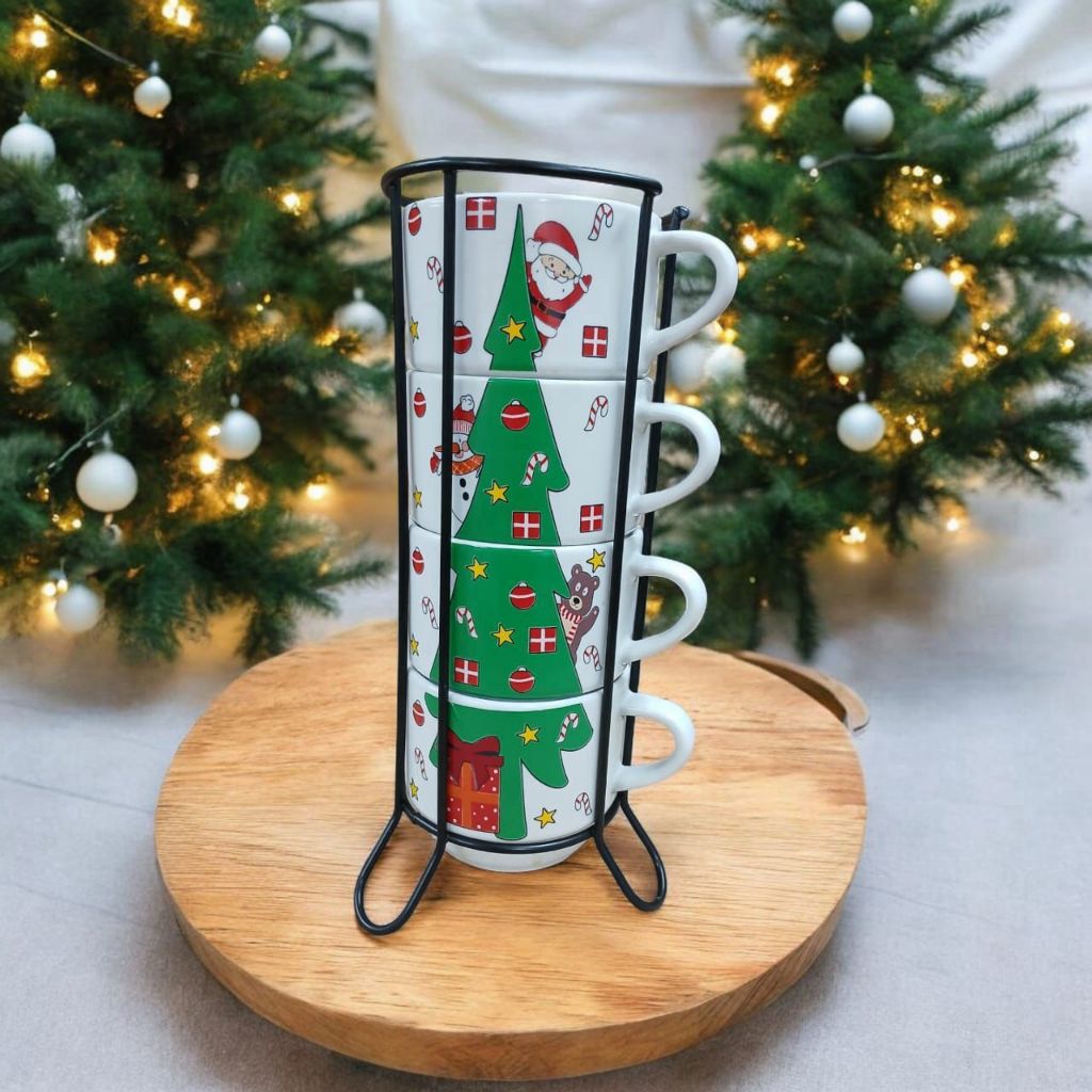 Jogo De 4 Xicaras Café Chá Porcelana Arvore de Natal Com Suporte de Metal
