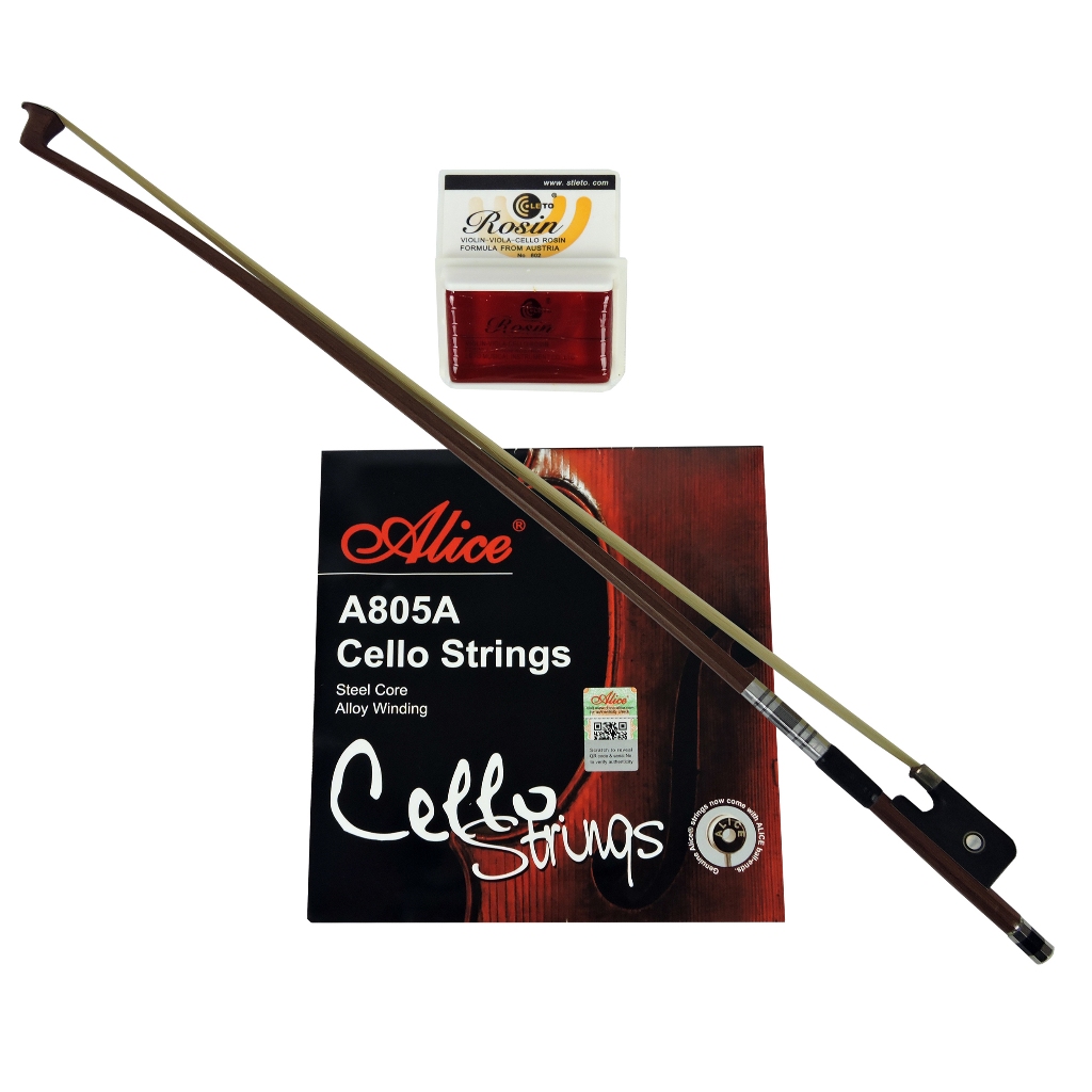 Kit Arco p/ Violoncelo 4/4 Barth Madeira Octag c/ Crina Animal+ Cordas Alice A805A + Breu Rosin 602
