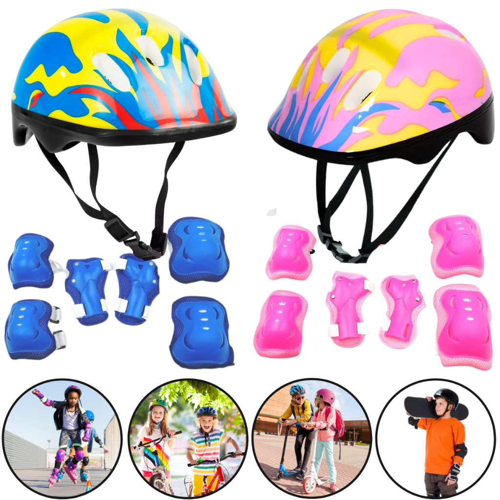 KIT PROTEÇÃO INFANTIL COM CAPACETE BIKE PATINS SKATE BICICLETA PATINETE AZUL ROSA