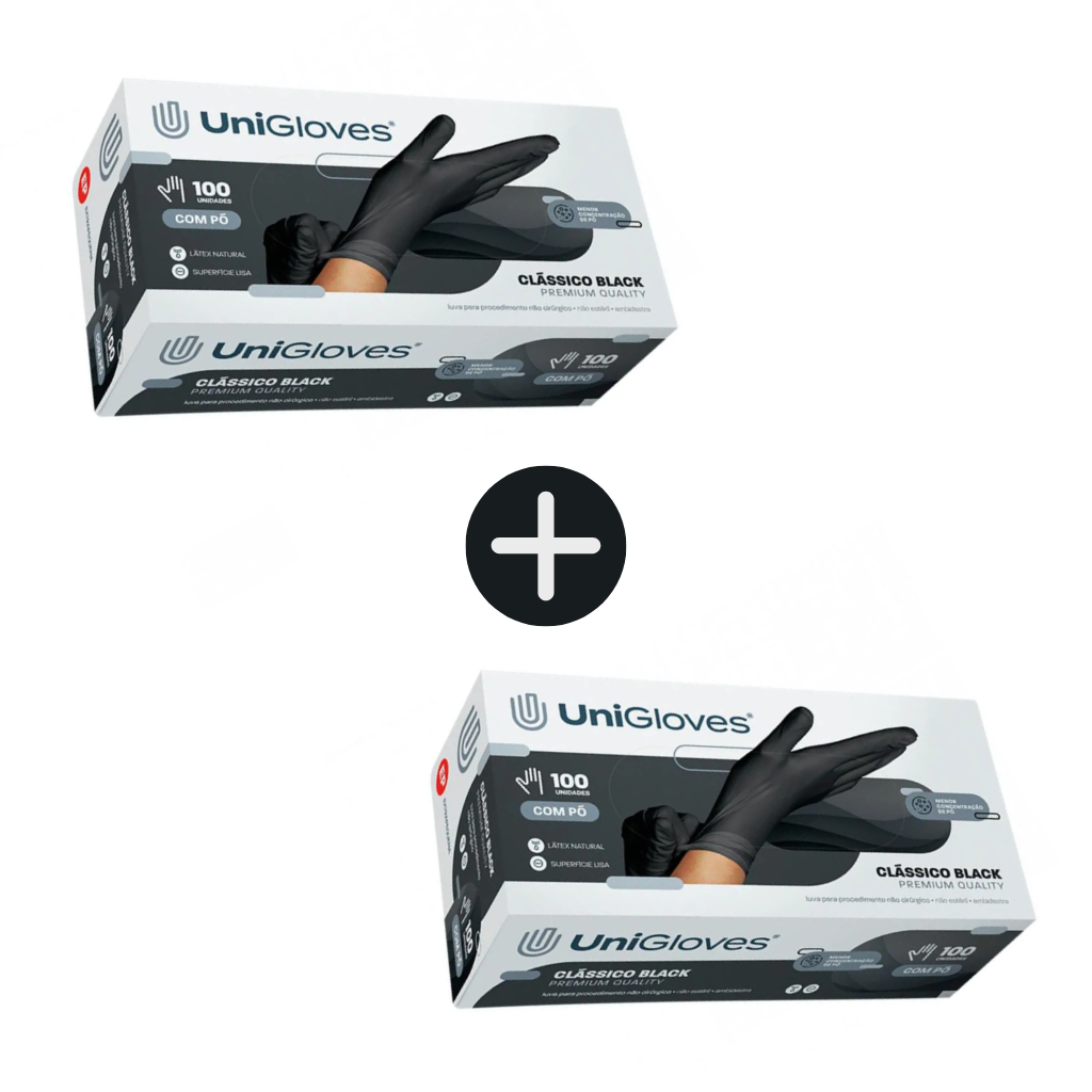 Kit 2 Caixas Luvas de Procedimento Preta Unigloves Clássico Black – 100 Unidades Cada (Com Pó, Látex)