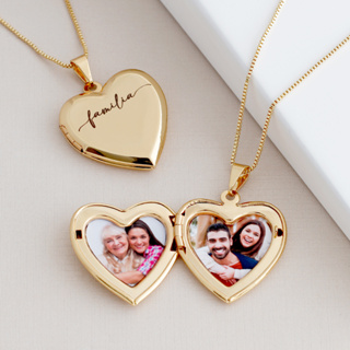 Colar feminino relicário coração personalizado com foto e gravado nome banhado a ouro 18k presente em Oferta na Shopee