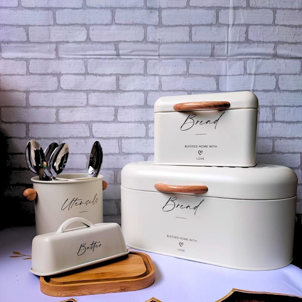 Porta Pão / Manteigueira e porta talheres em metal com Bambu Branco Vintage