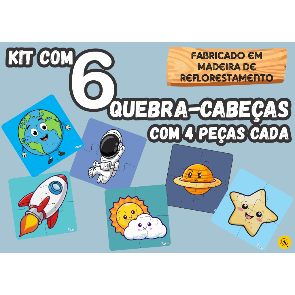 Kit 6 Quebra Cabeça Astronauta Madeira Com 4 Peças