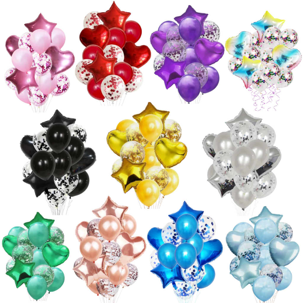 Kit Buque Balão Metalizado 14 Peças Bexiga Festa Diversas Cores em Oferta na Shopee