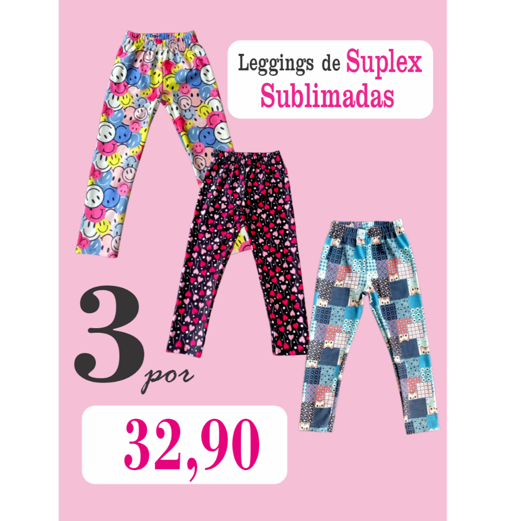 Kit com 3 Calças Infantis Leggings Sublimadas Sortidas em suplex