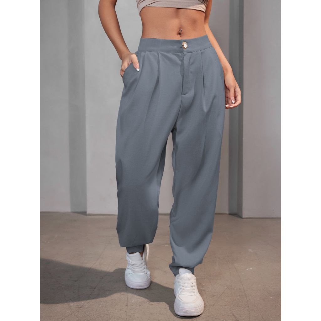 AS1349-Calça Feminina, Cintura Alta, Bolsos nas laterais, Tecido Marrante, Social