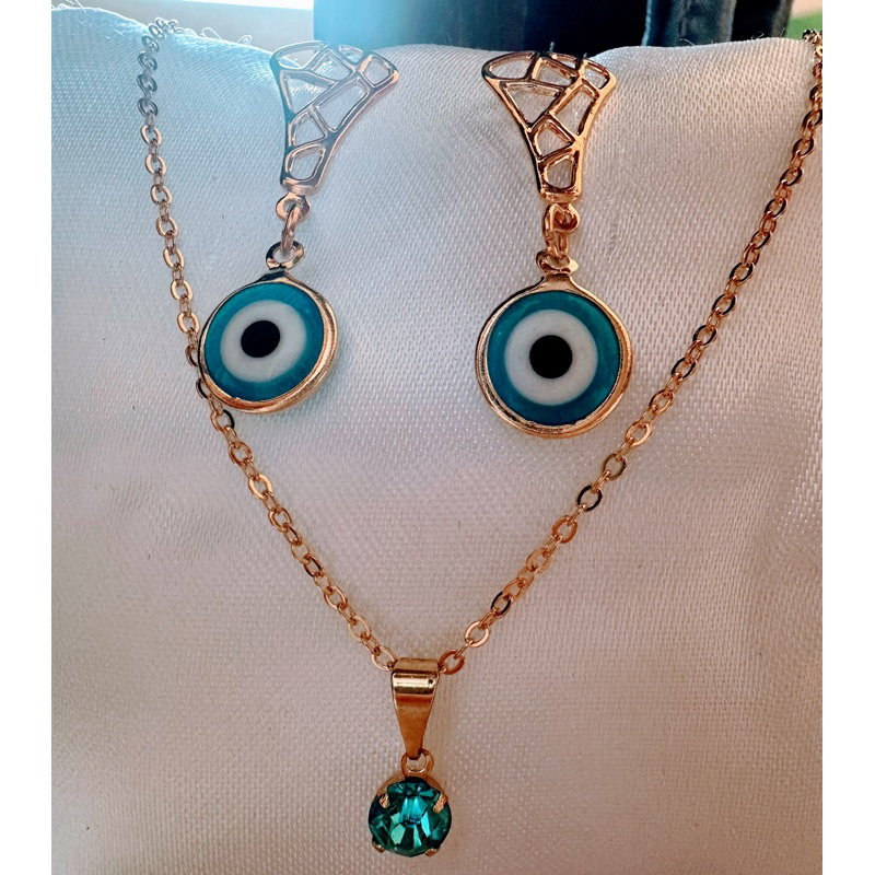 CONJUNTO COLAR COM PINJENTE STRASS AZUL + BRINCO OLHO GREGO SEMI JOIA PRESENTE NATAL
