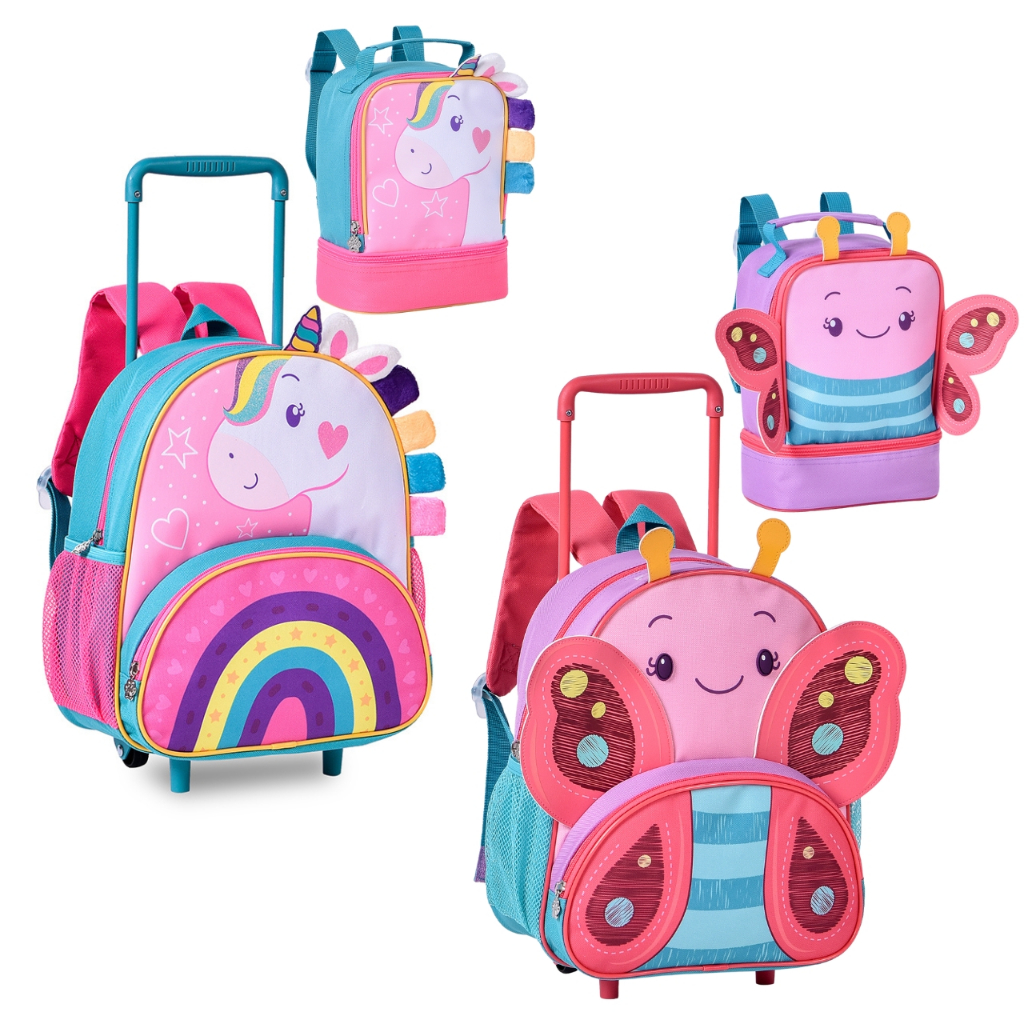 Mochila Infantil Escolar de Carrinho com Lancheira Térmica Mochila Rodinha Bichinhos Menina Escola Creche Bebê Criança