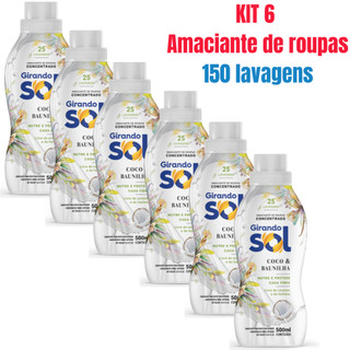 Kit 6 Amaciante Girando Sol Coco E Baunilha Concentrado 500ml - Rende até 25 Lavagens Cada