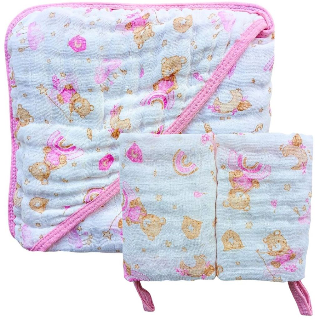 Kit 3 Peças 1 Toalha Banho Soft C/Capuz + 2 Toalha Pano Boca Babete Soft Menino Menina Neutro