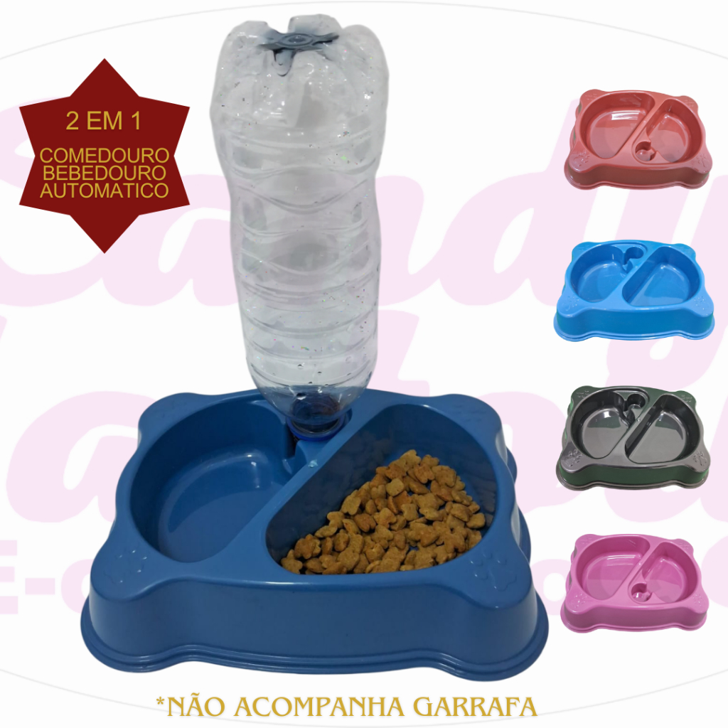 Comedouro Bebedouro Duplo Automático com Suporte Para Garrafa Para Cachorro ou Gatos 500 ml 1200 ml