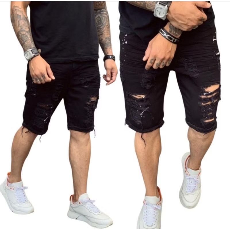 Bermuda Jeans Masculina Rasgada Preta C/Lycra Estilo e Conforto