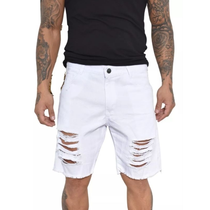Bermuda Jeans Masculina Branca Rasgada C/Lycra Estilo e Conforto Moda Casual