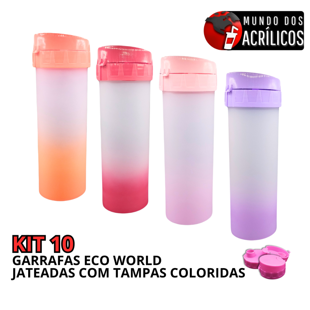 KIT 10 GARAFAS ECO WORLD JATEADO DEGRADE COM TAMPA PARA PERSONALIZAR ADESIVAR FESTA em Oferta na Shopee