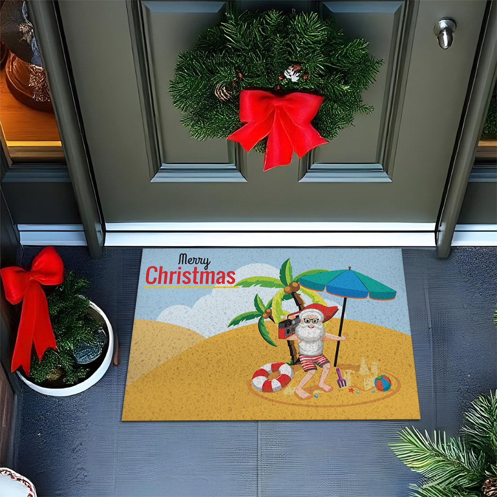 Tapete De Porta Capacho Divertido Merry Christmas Papai Noel Surfando Ca976