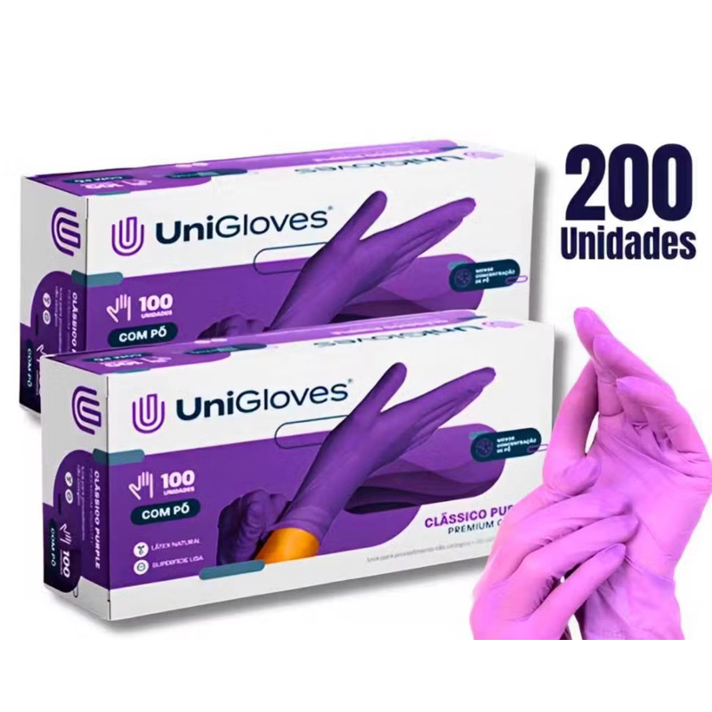 Kit com 2 Caixas de Luva de Procedimento Roxa Purple - Unigloves (200 Unidades)