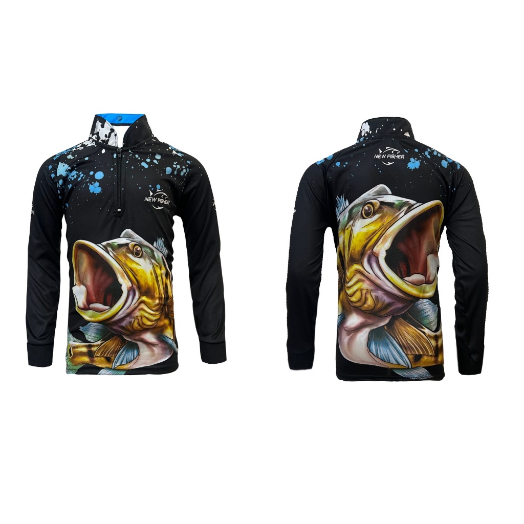 Camisa Camiseta de Pesca Infantil Tucunaré Azul Gola Zíper Proteção Solar UV New Fisher NF31I