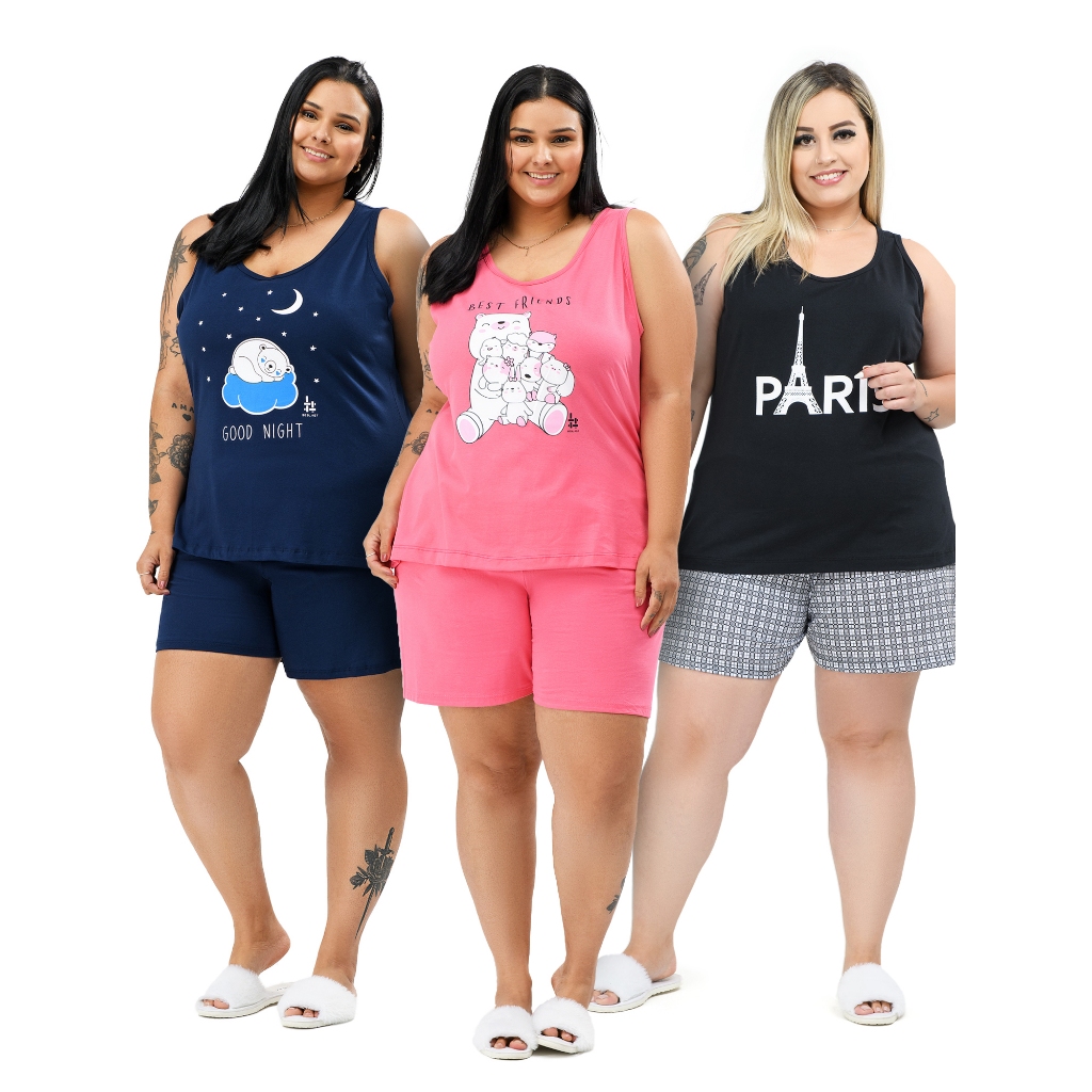 Kit com 3 Conjuntos Pijama Regata Plus Size Curve 100% Algodão Envio Imediato em Oferta na Shopee