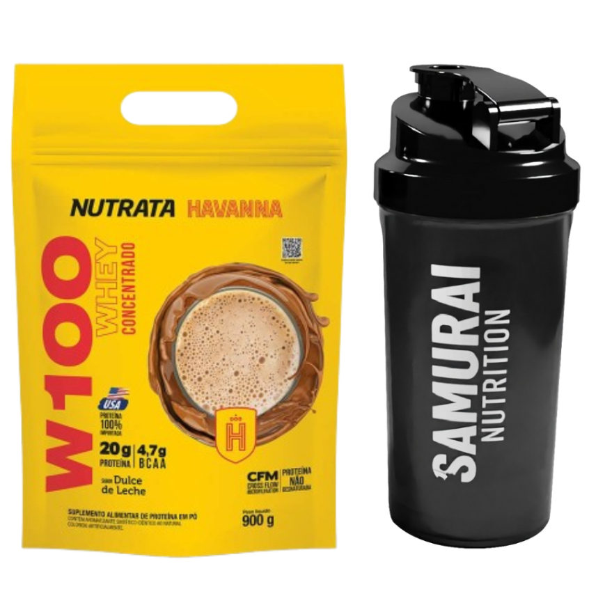 Kit Whey W100 Havanna 900g Nutrata + 1x Coqueteleira Mixer Ball Samurai Nutrition 600ml - Health