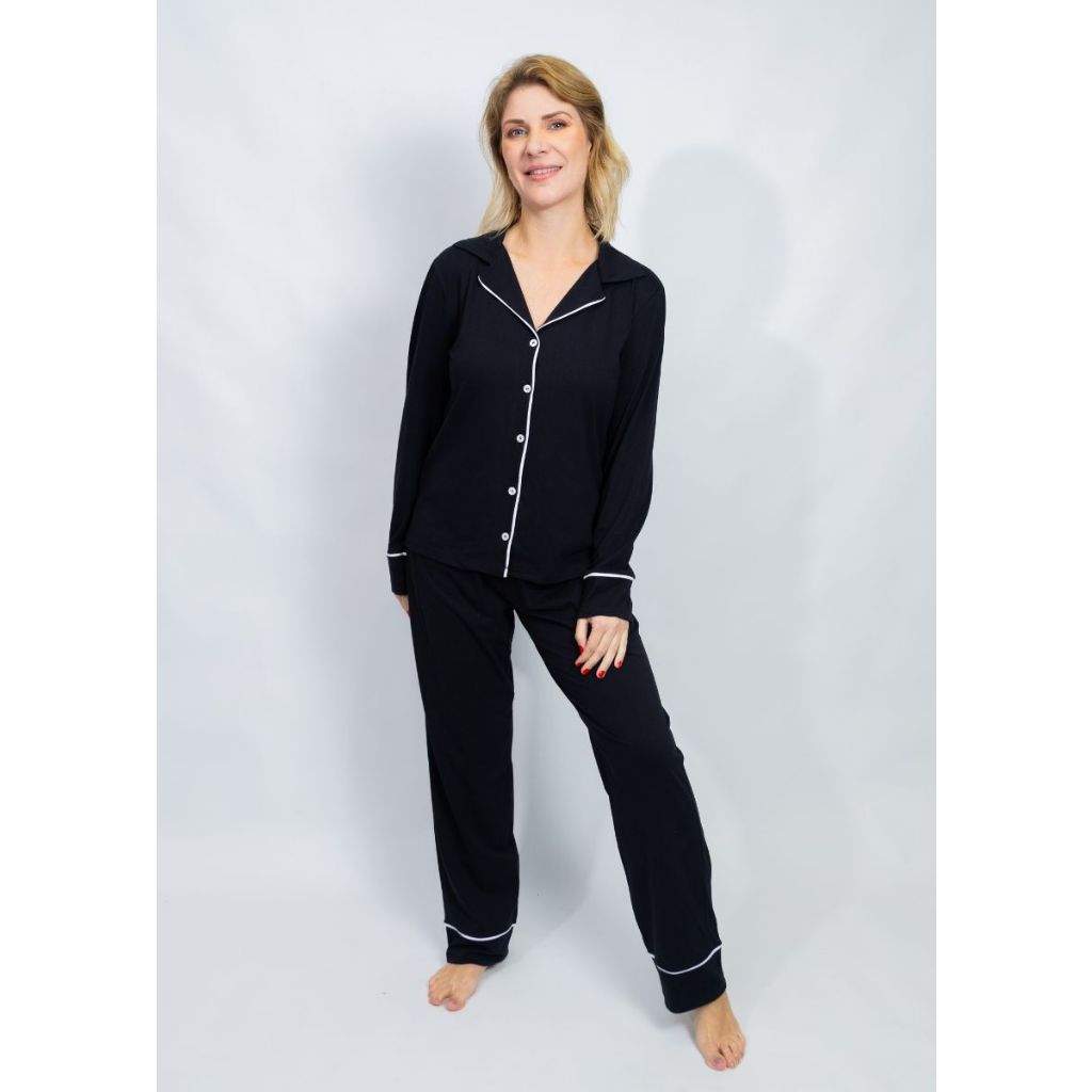 Pijama Feminino Americano Longo Botões Frente Algodão Pós-cirúrgico Amamentação Inverno - ...