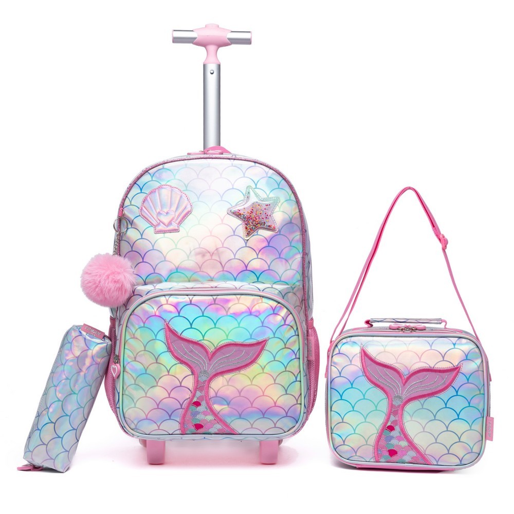 Kit Mochila Lancheira Térmica Estojo Resistente Infantil Calda Sereia