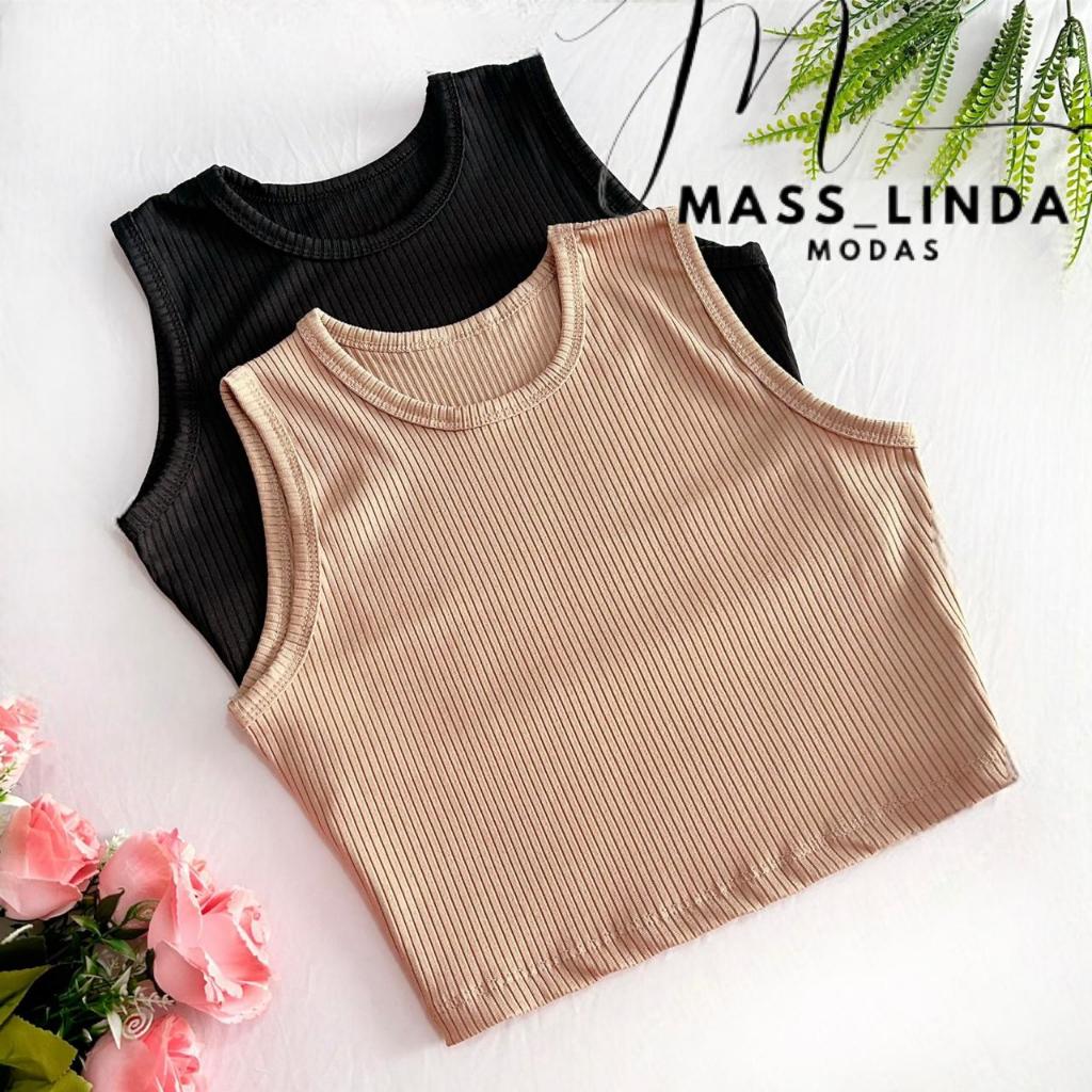 Kit 2 Cropped Regata Básica Gola Redonda Canelado  Moda Femininas Blusinha Básica Cropped