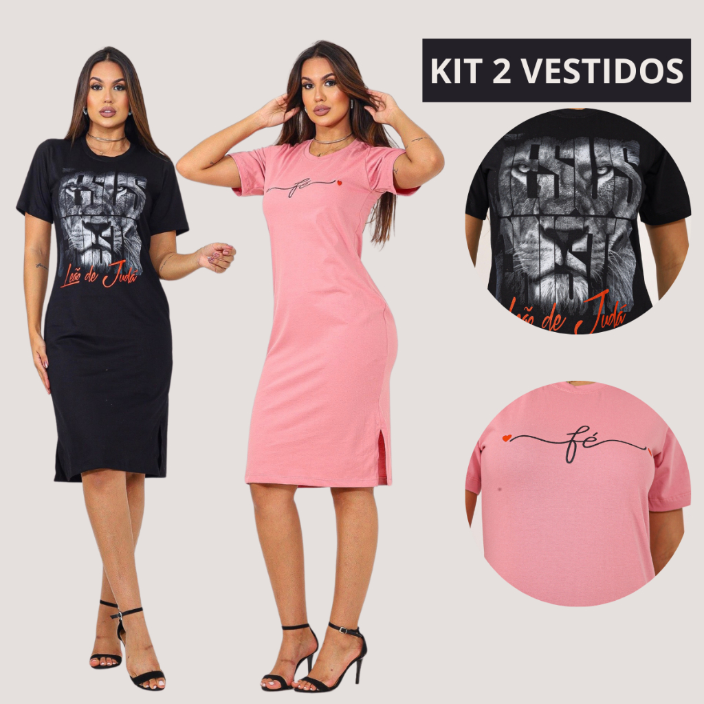 Kit 2 Vestido Feminino Fenda Lateral Gola Redonda Manga Curta Moda Casual Chique